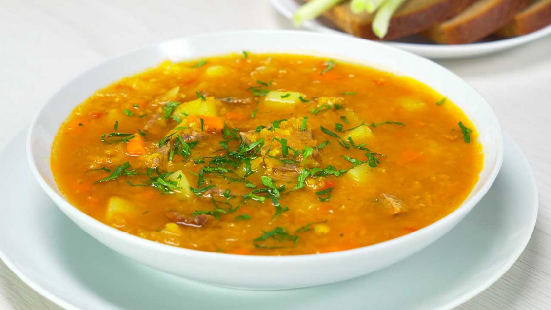 Рецепт Чечевичный суп. Калорийность, химический состав и пищевая ценность.